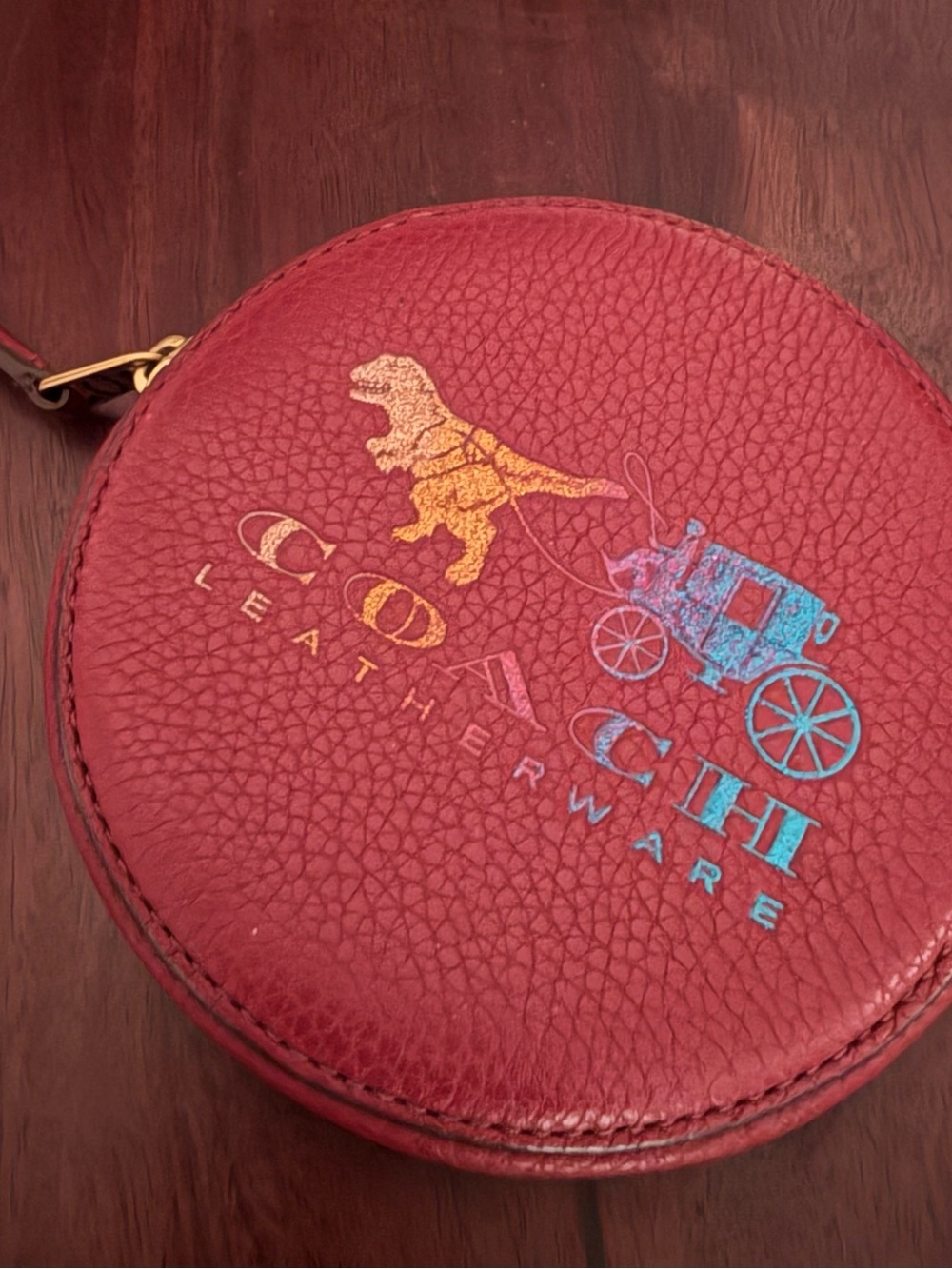 Coach  Round Leather Coin Purse - Red with Multicolor Logo